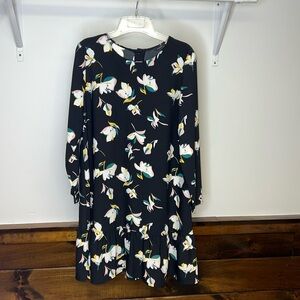 Halogen Black Floral Long Sleeve Button Back Dress- M